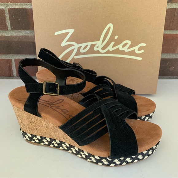 Zodiac Shoes - Zodiac Women’s Paola Black Leather Wedge Espadrilles Sandals US 7.5 M